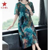 SZWL Women Dress Ice Silk Crew-neck Short-sleeve Printing Over-knee-covering Wide Dress