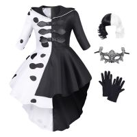 Halloween Girls Cruella Cosplay Costume Carnival Party Child Black White Witch Vampire Cartoon Dress Up Kids Performance Dresses