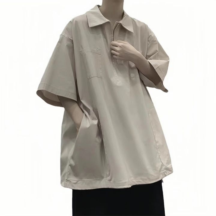 สไตล์ญี่ปุ่น-cityboy-ซิปครึ่ง-polo-เสื้อผู้ชายฤดูร้อนแบรนด์แฟชั่นหลวมทำงานทำงานปกแขนสั้น-t-เสื้อยืดวัยรุ่น