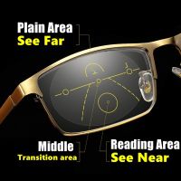 High Quality Progressive Multi Focal Reading Glasses Men Metal Full Frame Square Anti-blue Light Presbyopia Glasses Gold Color Decanters