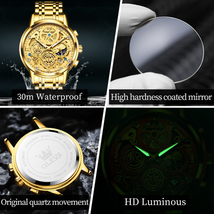 olevs-แบรนด์หรูของแท้-2023-นาฬิกาผู้ชายใหม่-hollow-multifunctional-ควอตซ์ผู้ชายนาฬิกาสแตนเลสกันน้ำเรืองแสง