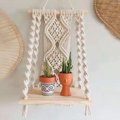 Boho Macrame Wall Hanging Shelf Handmade Woven Tassel Tapestry Rack Wood Floating Storage Hanger for Home Wall Decor