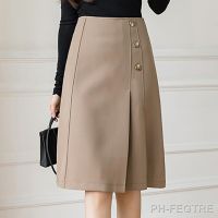 【LZ】☄  Elegante saia plissada feminina senhora do escritório rua alta estilo coreano botão Midi saia linha A Women Work Wear primavera OL 2022