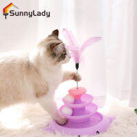 SunnyLady ของเล่นหมุนได้แมว3ชั้นพร้อมลูกบอลแคทนิปขนไม้ล่อกันลื่นอุปกรณ์สำหรับสัตว์เลี้ยงในบ้าน