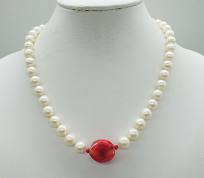 Exquisite 10-11MM Great Natural White South Sea Pearl and Red Natural Giant (18MM) Coral Beads, Very Classic Necklace 18