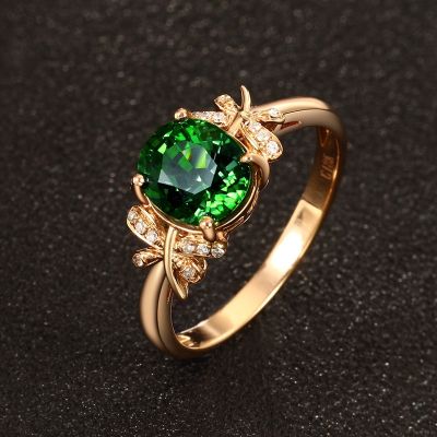 [COD] green tourmaline gemstone ring womens copper-plated rose gold open and butterfly diamond treasure