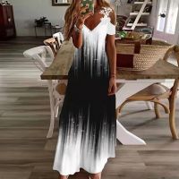 S-3XL 6Colors Print Off Shoulder Loose Long Flare Dress Casual V-Neck Women Beach Party Entertainment Daily Suspender Wear