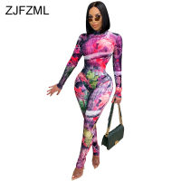 Sheer Mesh See Through Pattern Print 2 Piece Sets for Women Long Sleeve Bandage Bodysuits and Skinny Legging Sweat Suit Outfits