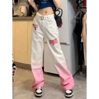 COD Womens Large Size Sweet and Spicy Pink Straight Jeans Summer High Waist Design Sense Niche Embroidery Loose Wide Leg Pants Fashion DP6f