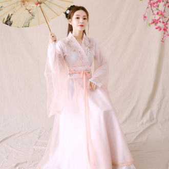 I am n ton in Omi this is nsecond HAnF in R in second k I r ton Nine-tailed fox live ancient costume female Hanfu skirt fairy pink fresh and elegant fairy air ancient style big wide sleeves Huanxisha