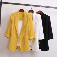 COD DSFGERRTYTRRE 2021 Women Plus Size M-4XL Blazers Solid Color 3/4 Sleeve Spring Autumn Korean Casual Coat Outwear Office Work Clothing Cotton Linen Medium Long Loose Suit Jacket Blazer Jackets Female Tops