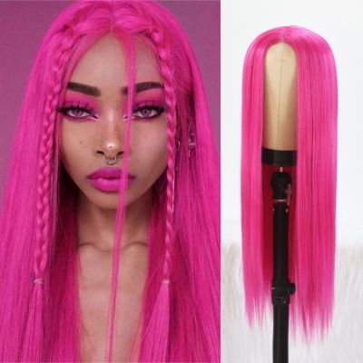 【jw】♗  Hot Pink Synthetic Wigs Silk Straight Wig with Middle Part Soft With Hairline Temperature Fibe