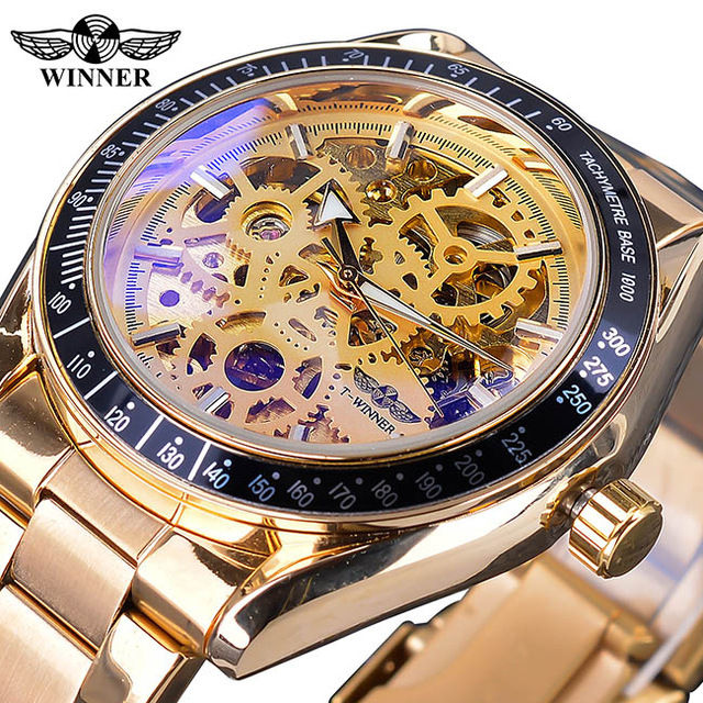 Winner Blue Glass Gear Movement Transparent Mens Automatic Wrist Watch ...