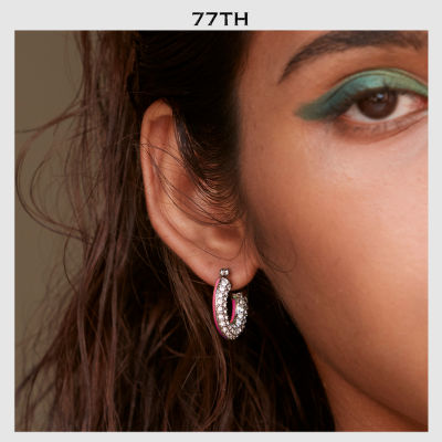 77TH-Half Crystals Half Color Pink Earringsต่างหูห่วงสีชมพูและประดับคริสตัล