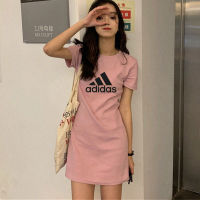 Adidas เสื้อยืดแขนสั้นสตรี,ชุดเดรสทันสมัยทรงหลวมยาวปานกลาง