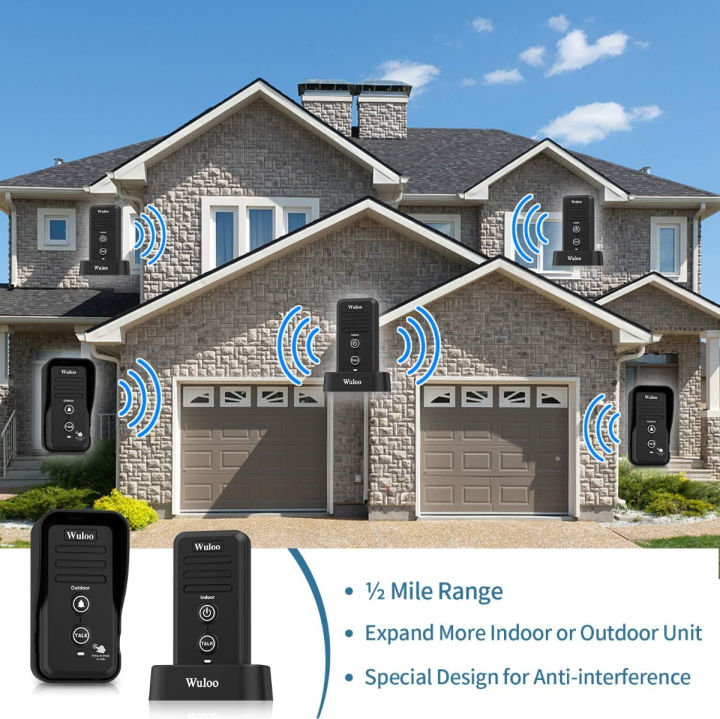 wuloo-wireless-intercom-doorbells-for-home-classroom-intercomunicador-waterproof-electronic-doorbell-chime-with-1-2-mile-range-3-volume-levels-rechargeable-battery-black-1-amp-1-1t1-black