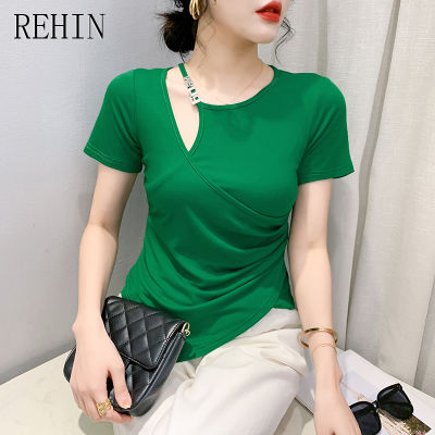 REHIN เสื้อยืดผู้หญิงแขนสั้นเสื้ออเนกประสงค์สีทึบเข้ารูป,แฟชั่นใหม่ฤดูร้อน