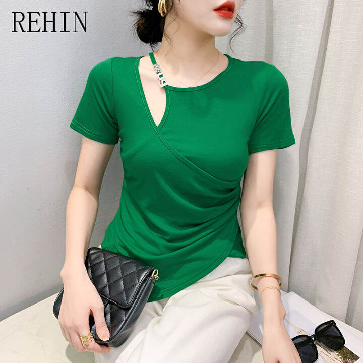 rehin-เสื้อยืดผู้หญิงแขนสั้นเสื้ออเนกประสงค์สีทึบเข้ารูป-แฟชั่นใหม่ฤดูร้อน