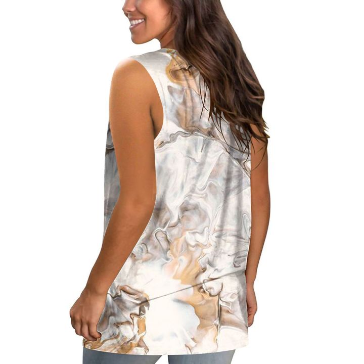 เสื้อกล้ามตัวบนเสื้อยืดแบบหลวมคอวีพิมพ์ลายแขนกุดลำลองของผู้หญิงฤดูร้อน