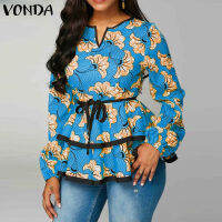 VONDA เสื้อเบลาส์สำหรับผู้หญิงชายแขนสั้นเอวลูกไม้พิมพ์ลายดอกไม้แฟชั่นสำหรับผู้หญิง (ขนาดใหญ่พิเศษ)