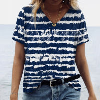 Contrast Striped Short Sleeve T-Shirt Women S Oversize 3D Print V-Neck Top Fashion Casual Loose Tees