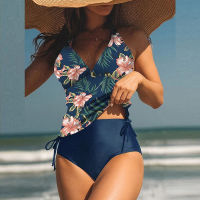 Womens High Waist Conservative Beachwear Sexy Two Piece Flower Print Swimwear Set Fashion V Neck Halter Lace-up Holiday Bikinis