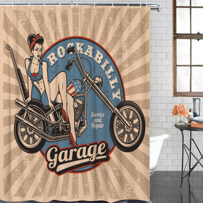 Woman Motorcycle Banner English Retro Shower Curtain Waterproof Bathroom Shower Curtain With Hook Accessory Bathroom Accessories