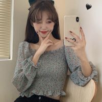 Women Chiffon Square Collar Crop Tops y Sweet Pleated Puff Sleeve Tops