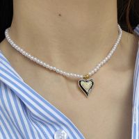 Cool and Dazzling Heart Pendant Imitation Pearl Necklace for Women Collar Stainless Steel Clasp Gold Color Free Shipping