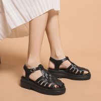 In the summer of 2022 new Roman sandals women leather shoes with flat knitting thick bottom baotou hollow out wholesale