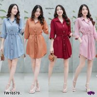 MM16579 Mini dress ปกเชิ้ตแขน 5 ส่วน โบว์ผูกเอว