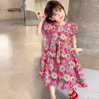 【Ladies shop】2022 BabySummer FloralKids พัฟผ้าฝ้ายแขนสั้นดอกไม้ชุดวันเกิดแฟชั่นเสื้อผ้าเด็ก