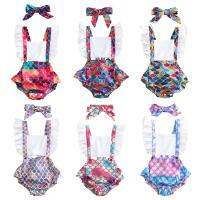 [COD] and children European summer style flying sleeve mermaid print sleeveless strap romper headband two-piece suit