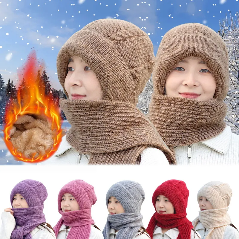 Women 2 In 1 Hat Scarf Beanies Coldproof Windproof Thickened