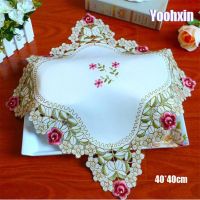 Corinada 2023 Hot Square Satin Tablecloth Placemat Embroidered Lace Dining Tea Table Cover Cloth Coffee Christmas Kitchen Wedding Decor