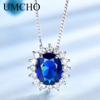 UMCHO Blue Sapphire Necklaces Pendants Princess Diana Genuine 925 Sterling Silver Gemstone Pendant For Women Wedding Party Gift