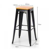 Steel high bar stool, wooden seat size 30.5×43×76 cm.(maximum load capacity: 160 kg.) - black