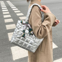 Quilted Womens Bag Feather Down Top-handle Bag with Bow Lady Pure Color Lattice Underarm Bags Autumn Winter Tote Handbags