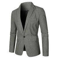 ZZOOI 2022 New  Mens Casual Suit Vertical Striped Print Slim Fit One Button Suit Mens Jacket Thin Top Men