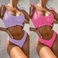 hotx 【cw】 Womens Set Piece Swimsuit Ruffle Tie strap Floral Mid Rise thongs bottoms Bathing Suits