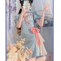 Summer Kawaii Blue Hollow Pink Big Bow Puff Sleeve Lolita Cheongsam Chinese Dress Improved Cute Girl Party Dresses