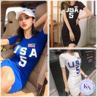 ?Korea NEW มินิเดรสคอกลมแขนสั้นทรงเข้ารูป สกรีนลาย USA 3สี