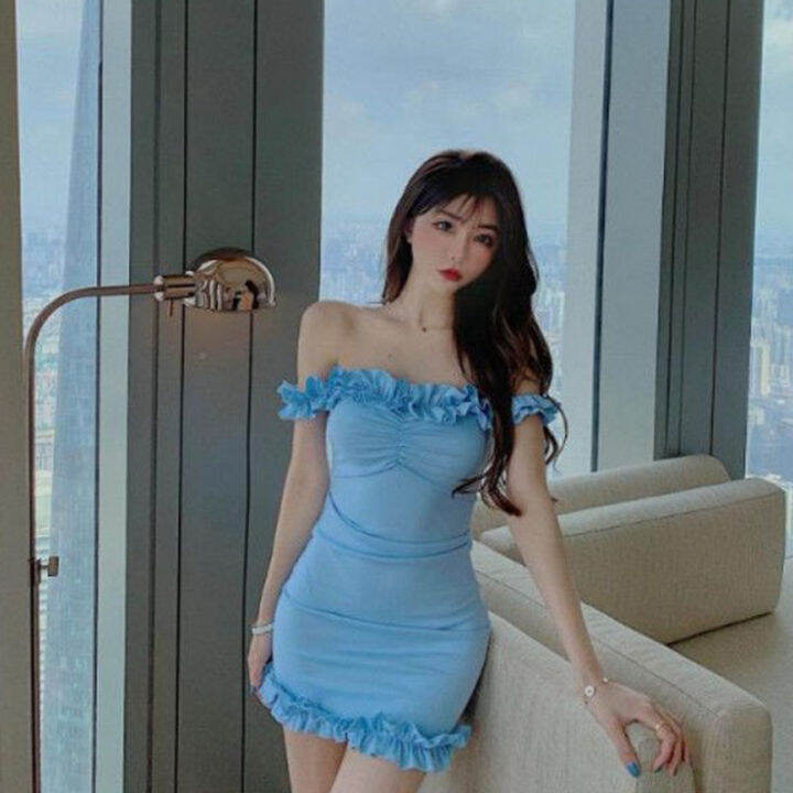 ชุดเดรสสีสันน่ารักมากๆแม่-mini-dress-เดรสเข้ารูป-เดรสแขนยาวกระโปรงสั้น-ชุดเดรสปาดไหล่