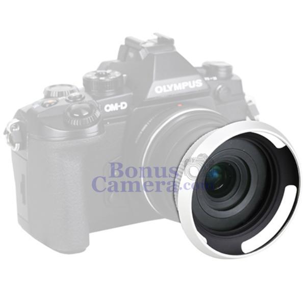 ฝาปิดเลนส์อัตโนมัติและฮู้ดสีเงิน-olympus-m-zuiko-ed-14-42mm-f3-5-5-6-ez-auto-lens-cap-lens-hood