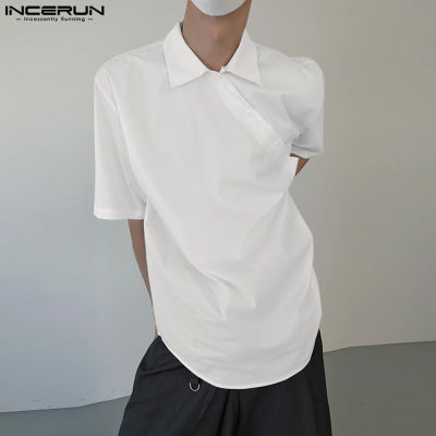 ผู้ชายแขนสั้น INCERUN เสื้อคอปกเสื้อลำลองระดับไฮเอนด์หัวเข็มขัดแนวทแยง (สไตล์เกาหลี)