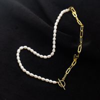 T Bar Half Pearl Necklace Half Chain Real Natural Freshwater Rice Pearl Beads Choker Jewelry For Women