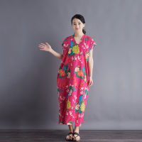 Spot parcel post2020 Factory Direct Sales Summer R Art Floral Print v Collar Sleeveless Cotton Linen Loose Dress Robe