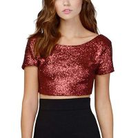 HOT SALEFashion Women y O-Neck Solid Sequins Short Sleeve Short Navel Top Blouse Tee