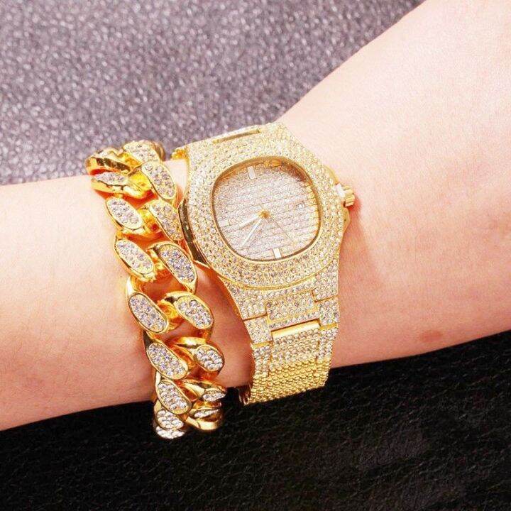 hot-seller-the-same-watch-for-men-and-women-cuban-bracelet-set-starry-hip-hop-diamond-encrusted-european-fashion-with-diamond-gold-trendy