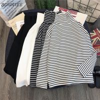 ✐ Long Sleeve T-shirts Women Elegant Unisex Loose Striped Turtleneck Womens All-match Simple Leisure Korean Style Trendy Chic